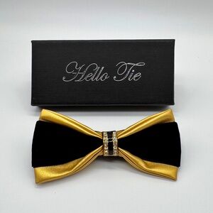 Men's PU Leather Bow Tie With Black & Gold Hardware With Crystal Stones